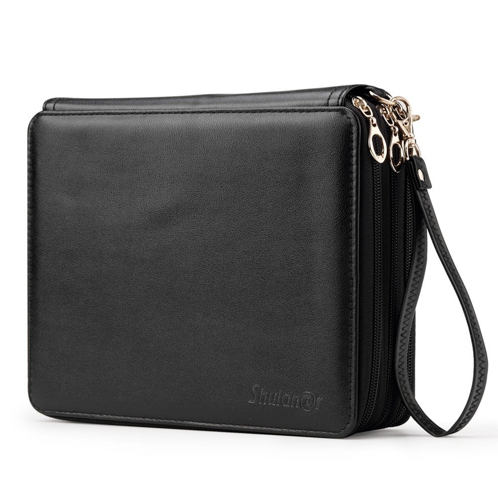 Shulaner Pencil Case and Colored Gel Pen Organizer PU Leather Large Capacity Portable Black Pen Bag 155 Slots