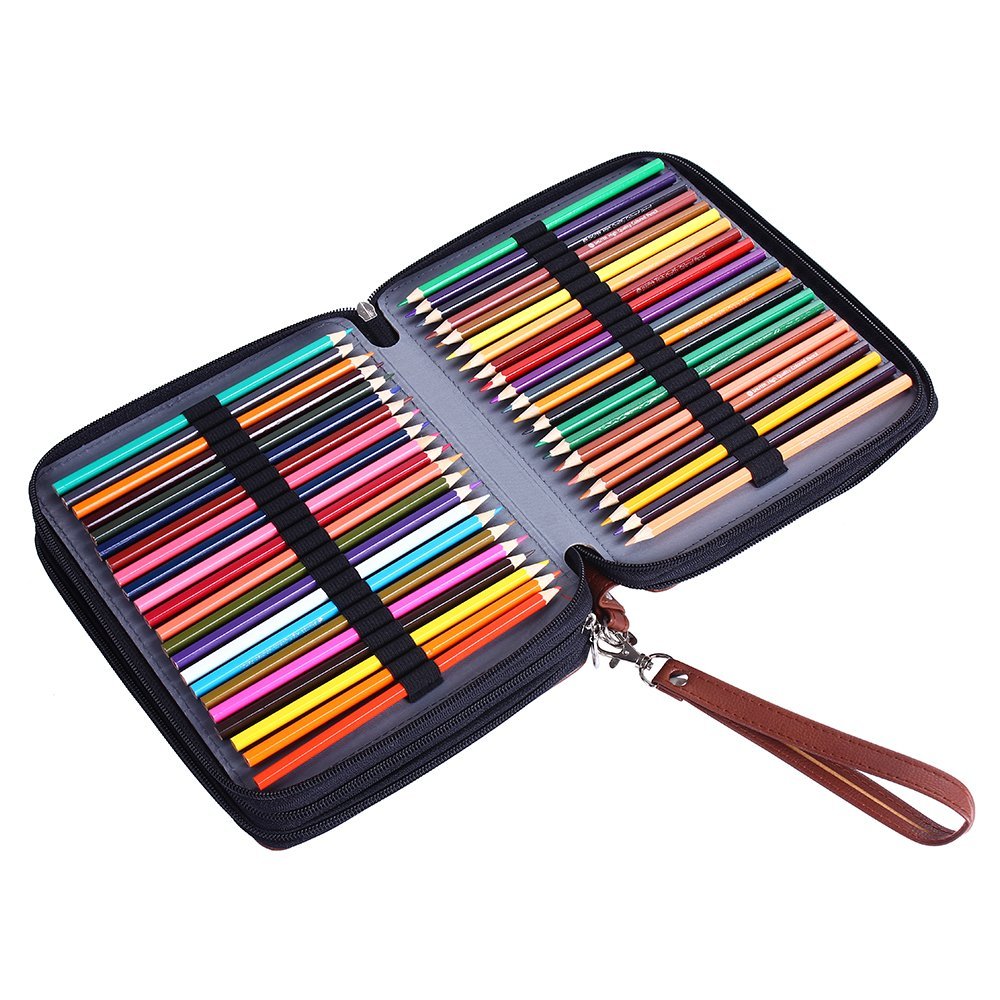 Shulaner Pencil Case and Colored Gel Pen Organizer PU Leather Large Capacity Portable Brown Pen Bag 155 Slots