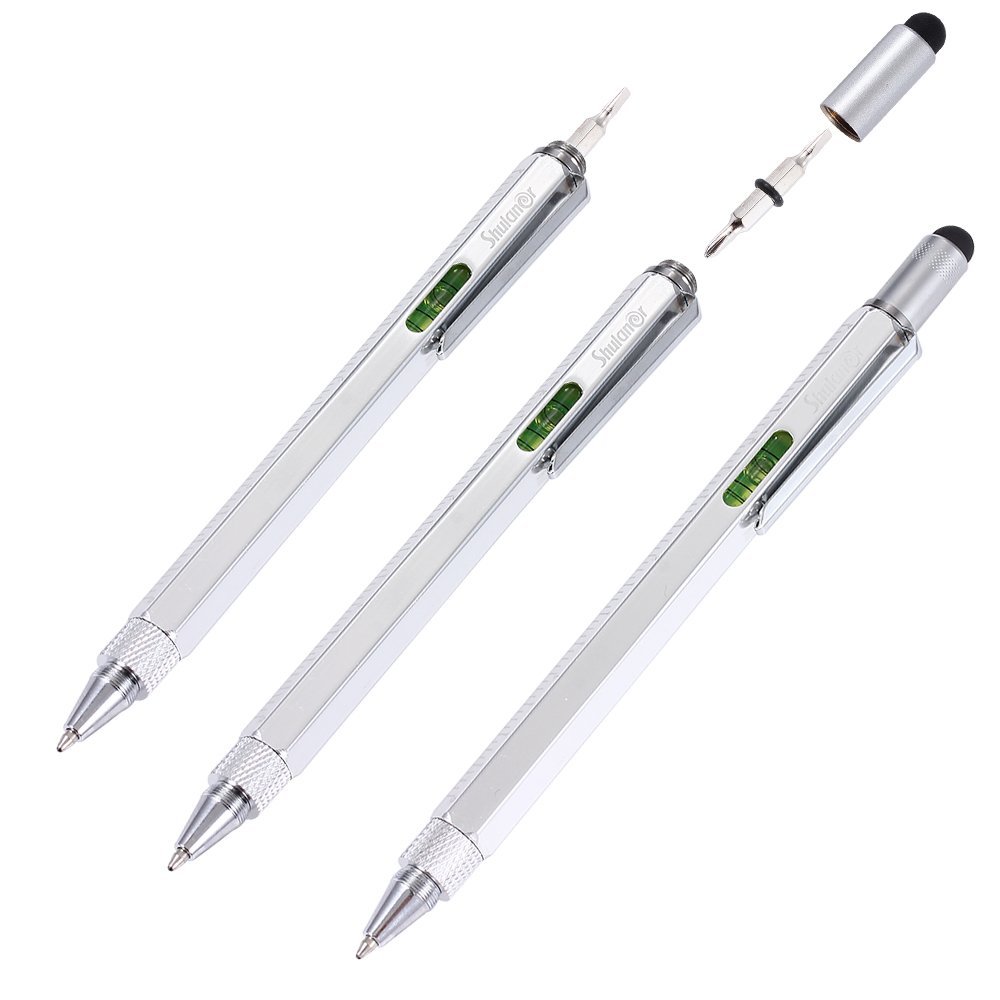 Shulaner 6 in 1 Metal Tech Tool Ballpoint Pens with Ruler, Level, Stylus and Two-head Screwdriver, Multi functional Tool Fits for Mens Gift Silver