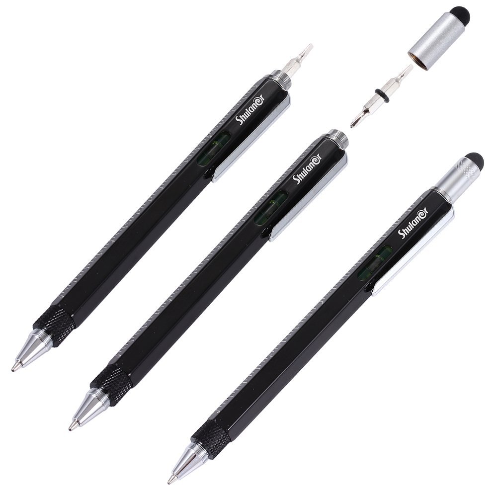 Shulaner 6 in 1 Metal Tech Tool Ballpoint Pens with Ruler, Level, Stylus and Two-head Screwdriver, Multi functional Tool Fits for Mens Gift Black