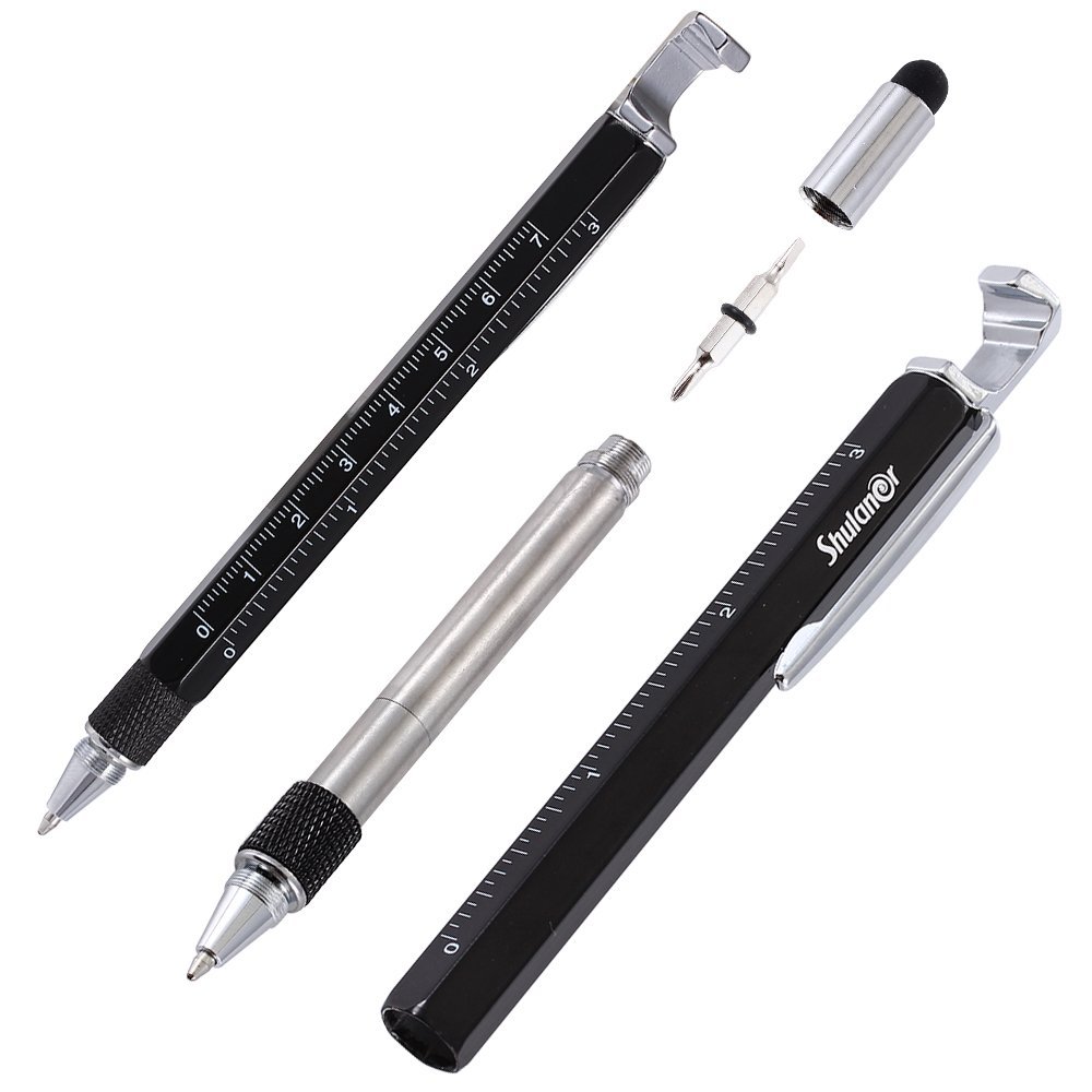 Shulaner 7 in 1 Tech Tool Pen with Ruler, Bottle Opener, Phone Stand, Ballpoint Pen, Stylus and 2 Screw Driver, Multifunction Tool Fit for Mens Gift (Black)