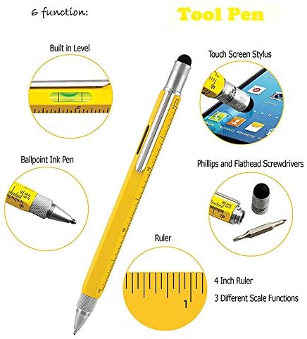 Shulaner 6 in 1 Tech Tool Pen with ruler, Spirit Level, Ballpoint Pen, Stylus, Flat-head and Phillips Screwdriver, Multifunction Tool Fit for Mens Fathers Pack of 2, Yellow