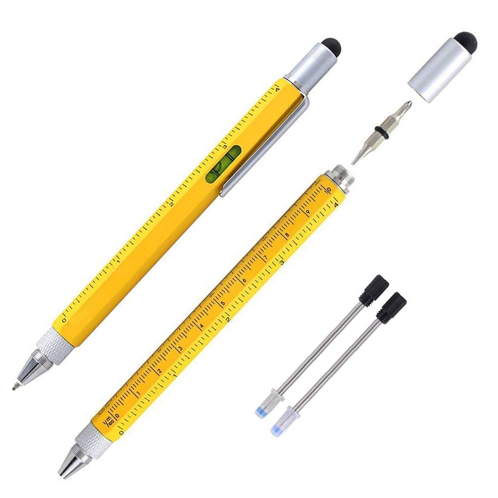 Shulaner 6 in 1 Tool Pen Christmas Gifts for Men, Father, Son Friends with ruler Spirit Level Ballpoint Pen Touch Screen Stylus, Flat-head and Phillips Screwdriver Multifunction Pen, Yellow-Short Grip